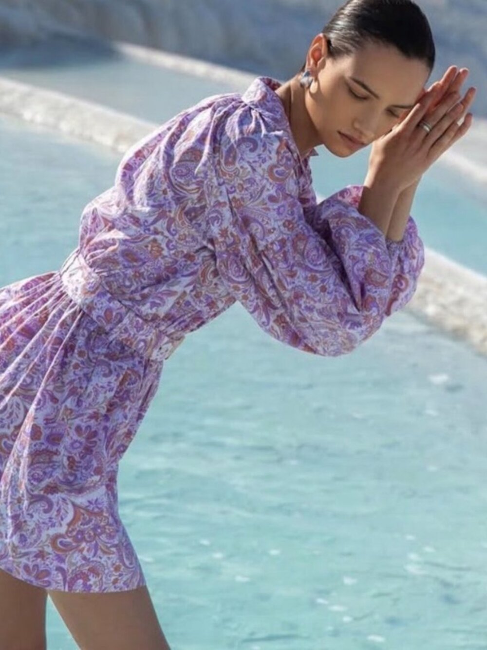 Lusana Lola Collared Button Front Belted Purple Paisley Shirt Dress, XS